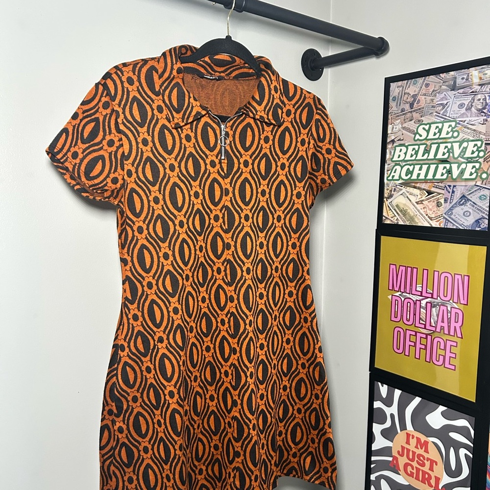 Vibrant Orange and Black Geometric Dress